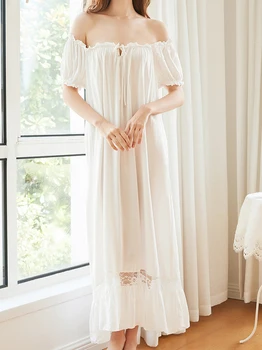Moterų Medvilnės Nightdress Balta Raukiniai, Nėriniai-up Trumpas Rankovės Prarasti Peignoir Derliaus Princesės Viktorijos Lolita Pasakų Sleepwear