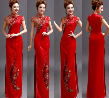 1pcs/daug Kinų ilgai cheongsam moteris ilgai aukštos padalinta raudona cheongsam siuvinėjimo ilgos satino suknelė trumpomis rankovėmis