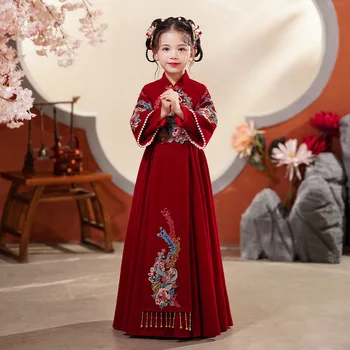 Merginos Hanfu Kinų Stiliaus Suknelės 2023 Nauja Vaikų Tango Kostiumas ilgomis Rankovėmis V-Kaklo Kratinys Siuvinėjimo Diržo Pavasarį Rudenį