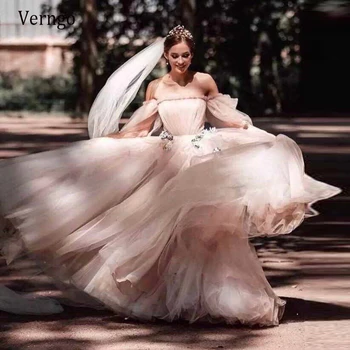 Verngo Derliaus Šviesiai Rožinės spalvos Tiulio Linijos, Vestuvių Suknelės, Sluoksniuotos ilgomis Rankovėmis Stebėjimo 3D Gėlės Šalies Sodas 2021 Nuotakos Suknelė