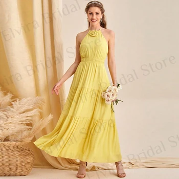 Elegantiškos Kulkšnies Ilgis Bridesmaid Dresses Geltona-Line Moterų Apynasrio Backless Šifono su Gėlių Ilgai ypatinga Proga-Svečių Chalatai