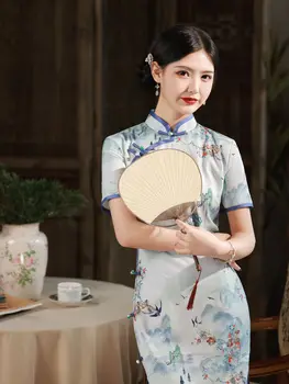 Vasaros Derliaus Gėlių Spausdinti Qipao Kinų Stiliaus Modernus Elegantiškas Moteris Tradicinių Cheongsams Skraiste Orientale Vestido