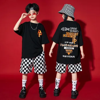 Vaikas Kpop Hip-Hop Drabužių Juoda Grafinis Tee Negabaritinių Marškinėliai Languotas Atsitiktinis Šortai Girl Berniukas Džiazo Šokio Kostiumų Drabužiai