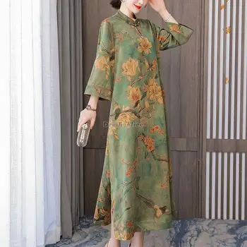 2023 kinijos naujų gėlių spausdinti prarasti laisvalaikio stiliaus cheongsam suknelė ilga pavasario stand-up apykaklės pusė rankovių, elegantiškų moterų qipao