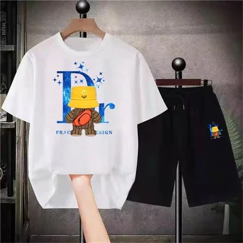 2023 Vyrų Vasaros Orui Sportinę 3D Lokys Anime Modelio O-Kaklo T-shirt Paplūdimio Šortai Nustatyti Prabangius Negabaritinių Gatvės Drabužiai
