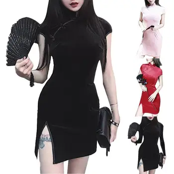Kinijos Qipao Cheongsam Elegantiškas Aksomo Suknelė Moterims Short /Long Sleeve Kinijos Cheongsam Moterų Varlė Mygtuką Bodycon Mini Suknelės