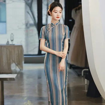 Vasaros 2023 Žakardo Maxi Pagerėjo Cheongsam Vertikalios Juostelės Derliaus Elegantiškas Qipao Kinų Stiliaus Vakaras Suknelė Moterims Šalis