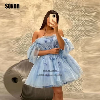 SONDR Saldus Mėlyna Trumpos Linijos, Drugeliai Prom Dresses Prom Chalatai Stebėjimo Off Peties, Vestidos De Fiesta Vakare Gown 2023